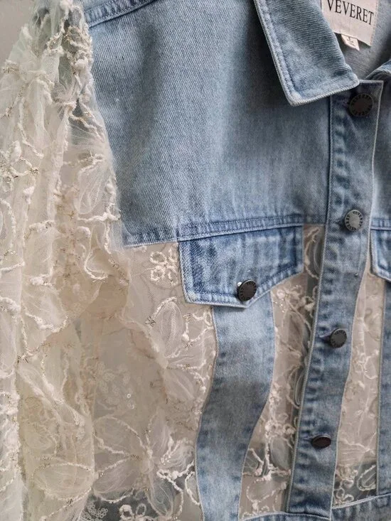 J36. Lace Panel Cropped Denim Jacket - Picture 3 of 3
